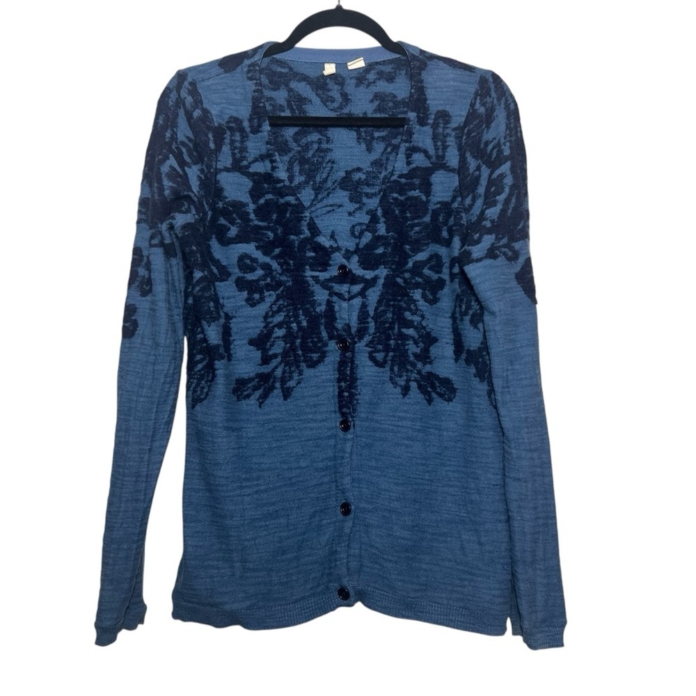 Anthropologie Moth Knit Cardigan Womens Medium Blue Floral Print Button Sweater